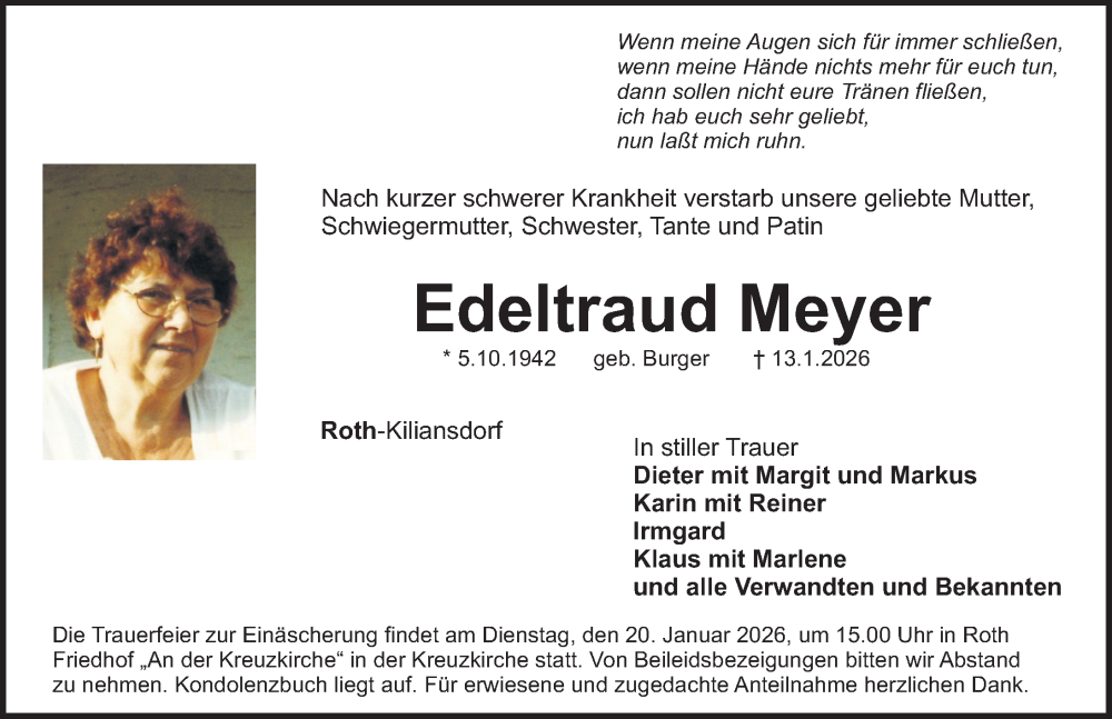  Traueranzeige für Edeltraud Meyer vom 17.01.2026 aus Roth-Hilpoltsteiner Volkszeitung Lokal