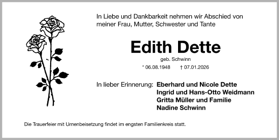 Traueranzeige von Edith Dette von Erlanger Nachrichten Lokal