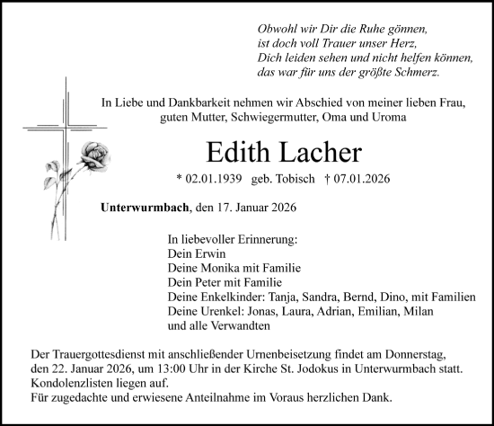 Traueranzeige von Edith Lacher von Altmühl-Bote Lokal