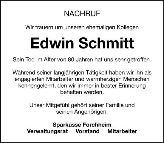Traueranzeige von Edwin Schmitt von Nordbayerische Nachrichten Forchheim Lokal