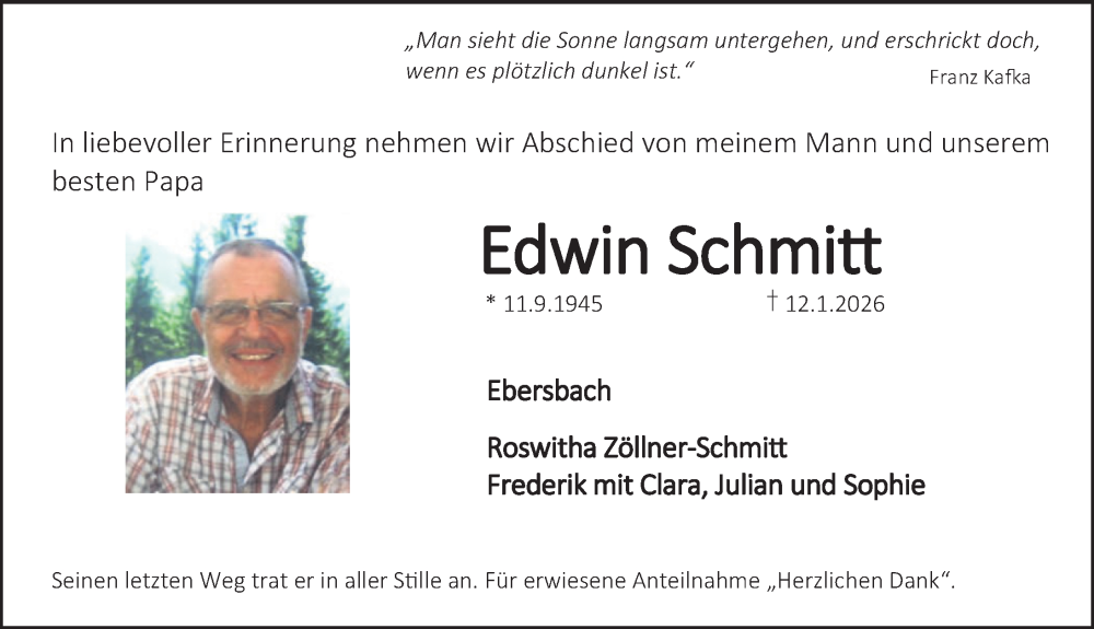  Traueranzeige für Edwin Schmitt vom 17.01.2026 aus Nordbayerische Nachrichten Forchheim Lokal