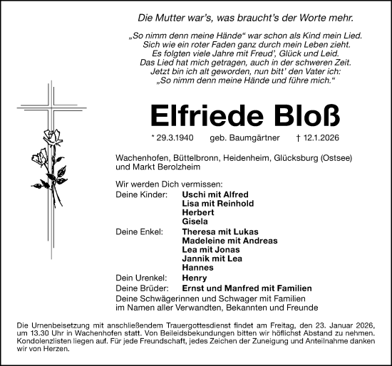 Traueranzeige von Elfriede Bloß von Altmühl-Bote Lokal