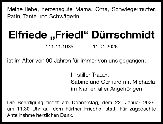 Traueranzeige von Elfriede Dürrschmidt von Fürther Nachrichten Lokal