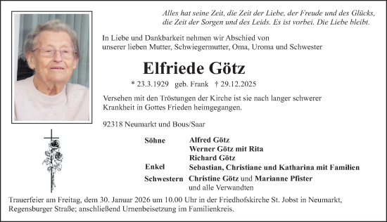 Traueranzeige von Elfriede Götz von Neumarkter Nachrichten Lokal