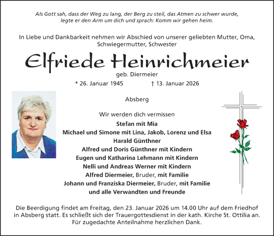 Traueranzeige von Elfriede Heinrichmeier von Altmühl-Bote Lokal