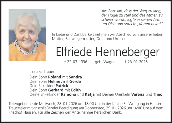 Traueranzeige von Elfriede Henneberger von Nordbayerische Nachrichten Forchheim Lokal
