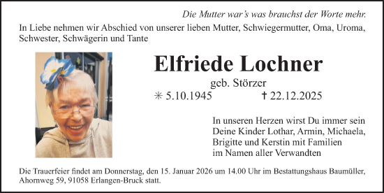 Traueranzeige von Elfriede Lochner von Erlanger Nachrichten Lokal