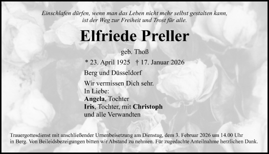 Traueranzeige von Elfriede Preller von Neumarkter Nachrichten Lokal