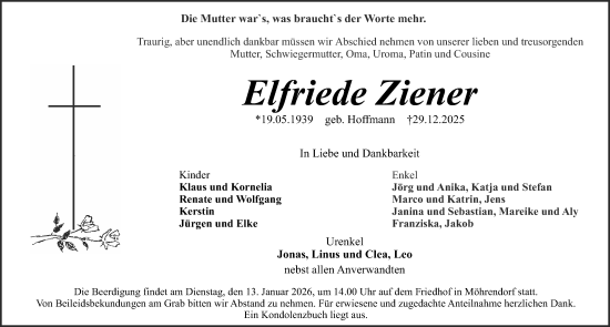 Traueranzeige von Elfriede Ziener von Erlanger Nachrichten Lokal