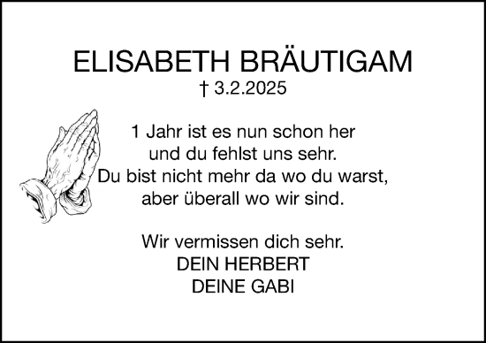 Traueranzeige von Elisabeth Bräutigam von Gesamtausgabe Nürnberger Nachrichten/ Nürnberger Ztg.