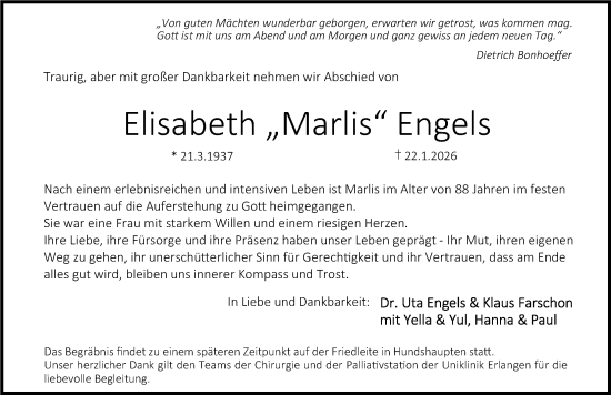 Traueranzeige von Elisabeth Engels von Erlanger Nachrichten Lokal