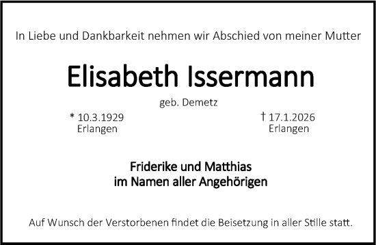 Traueranzeige von Elisabeth Issermann von Erlanger Nachrichten Lokal