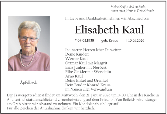 Traueranzeige von Elisabeth Kaul von Nordbayerische Nachrichten Forchheim Lokal