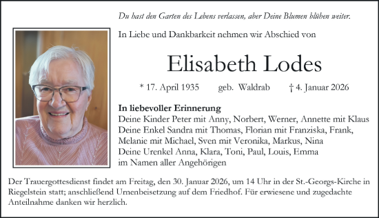 Traueranzeige von Elisabeth Lodes von Nordbayerische Nachrichten Pegnitz Lokal