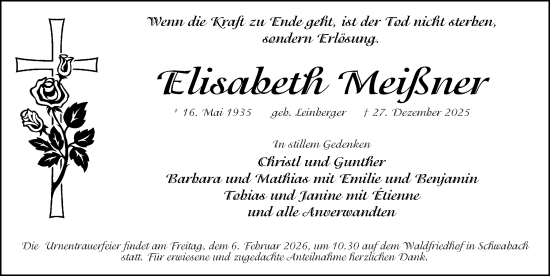 Traueranzeige von Elisabeth Meißner von Schwabacher Tagblatt Lokal