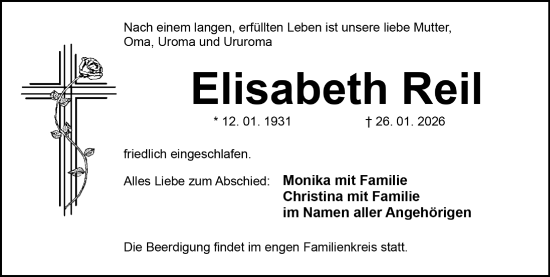 Traueranzeige von Elisabeth Reil von Gesamtausgabe Nürnberger Nachrichten/ Nürnberger Ztg.