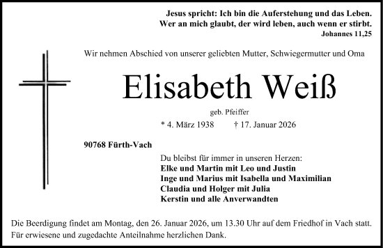 Traueranzeige von Elisabeth Weiß von Fürther Nachrichten Lokal