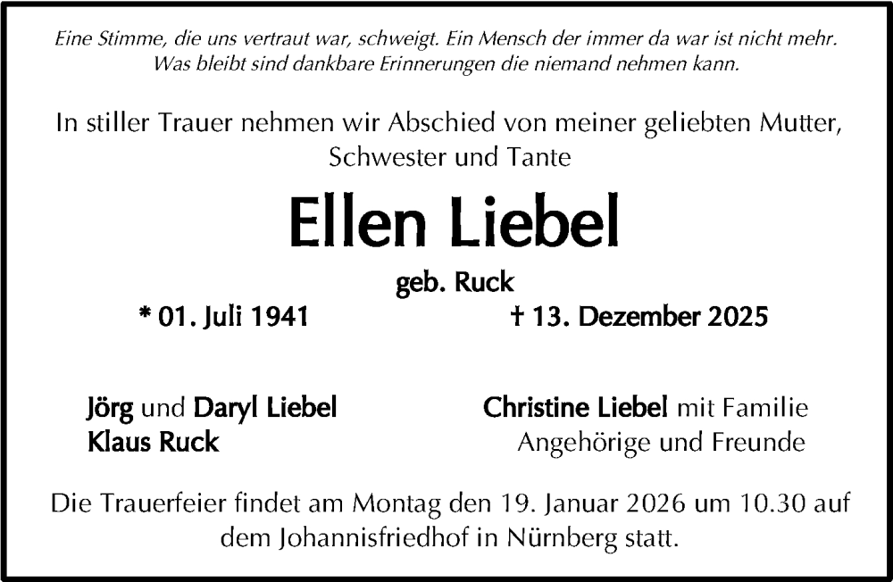  Traueranzeige für Ellen Liebel vom 13.01.2026 aus Gesamtausgabe Nürnberger Nachrichten/ Nürnberger Ztg.