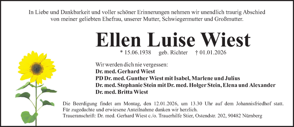  Traueranzeige für Ellen Luise Wiest vom 08.01.2026 aus Gesamtausgabe Nürnberger Nachrichten/ Nürnberger Ztg.