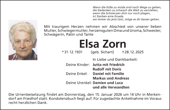 Traueranzeige von Elsa Zorn von Altmühl-Bote Lokal