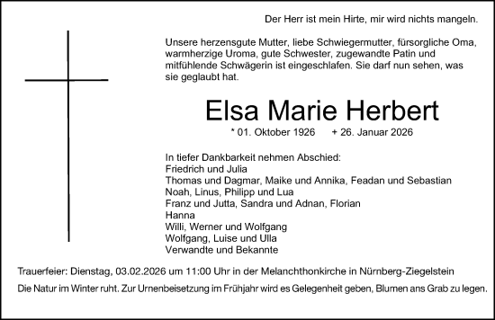Traueranzeige von Elsa Marie Herbert von Gesamtausgabe Nürnberger Nachrichten/ Nürnberger Ztg.