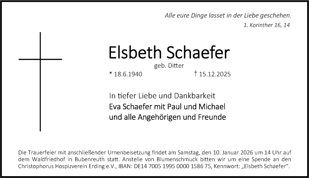  Traueranzeige für Elsbeth Schaefer vom 03.01.2026 aus Erlanger Nachrichten Lokal