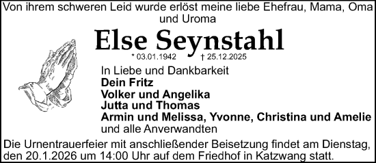Traueranzeige von Else Seynstahl von Gesamtausgabe Nürnberger Nachrichten/ Nürnberger Ztg.