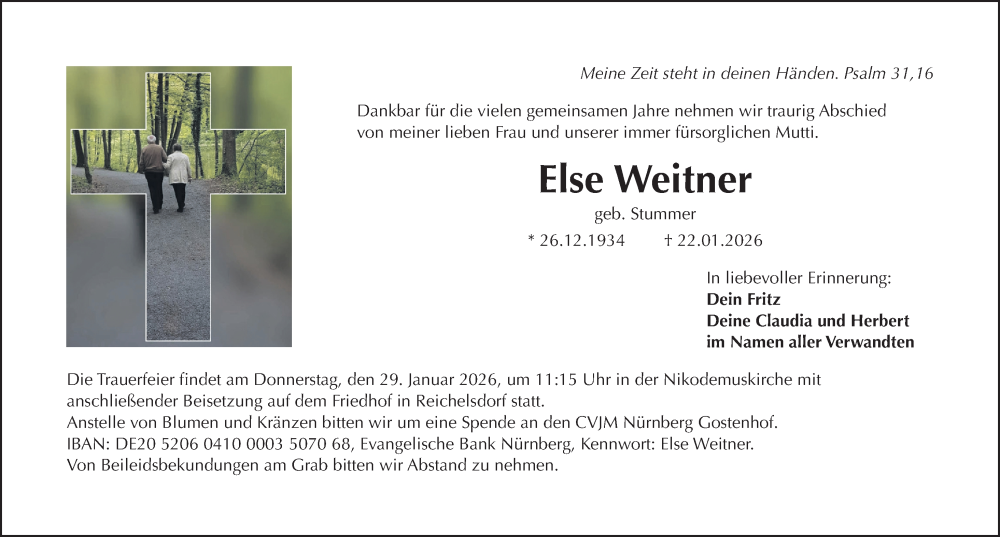  Traueranzeige für Else Weitner vom 24.01.2026 aus Gesamtausgabe Nürnberger Nachrichten/ Nürnberger Ztg.