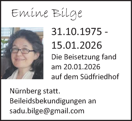 Traueranzeige von Emine Bilge von Gesamtausgabe Nürnberger Nachrichten/ Nürnberger Ztg.