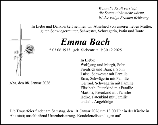 Traueranzeige von Emma Bach von Altmühl-Bote Lokal