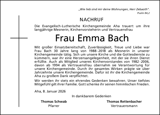 Traueranzeige von Emma Bach von Altmühl-Bote Lokal