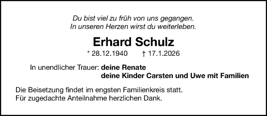 Traueranzeige von Erhard Schulz von Gesamtausgabe Nürnberger Nachrichten/ Nürnberger Ztg.
