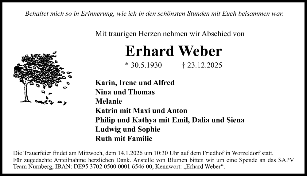  Traueranzeige für Erhard Weber vom 10.01.2026 aus Gesamtausgabe Nürnberger Nachrichten/ Nürnberger Ztg.