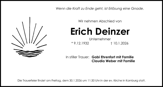 Traueranzeige von Erich Deinzer von Gesamtausgabe Nürnberger Nachrichten/ Nürnberger Ztg.