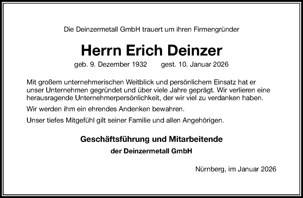  Traueranzeige für Erich Deinzer vom 24.01.2026 aus Gesamtausgabe Nürnberger Nachrichten/ Nürnberger Ztg.
