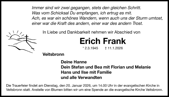 Traueranzeige von Erich Frank von Fürther Nachrichten Lokal