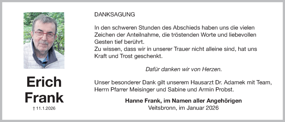  Traueranzeige für Erich Frank vom 31.01.2026 aus Fürther Nachrichten Lokal