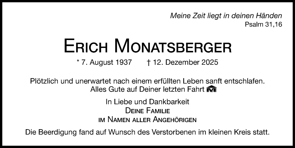  Traueranzeige für Erich Monatsberger vom 10.01.2026 aus Gesamtausgabe Nürnberger Nachrichten/ Nürnberger Ztg.