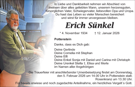 Traueranzeige von Erich Sünkel von Nordbayerische Nachrichten Pegnitz Lokal
