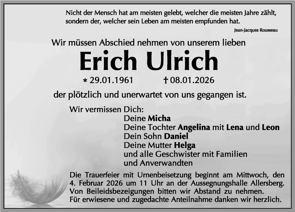  Traueranzeige für Erich Ulrich vom 31.01.2026 aus Roth-Hilpoltsteiner Volkszeitung Lokal