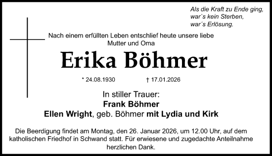 Traueranzeige von Erika Böhmer von Gesamtausgabe Nürnberger Nachrichten/ Nürnberger Ztg.