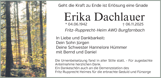 Traueranzeige von Erika Dachlauer von Fürther Nachrichten Lokal