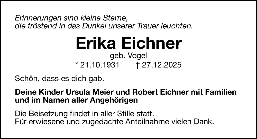  Traueranzeige für Erika Eichner vom 10.01.2026 aus Gesamtausgabe Nürnberger Nachrichten/ Nürnberger Ztg.