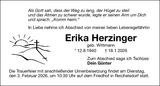 Traueranzeige von Erika Herzinger von Gesamtausgabe Nürnberger Nachrichten/ Nürnberger Ztg.