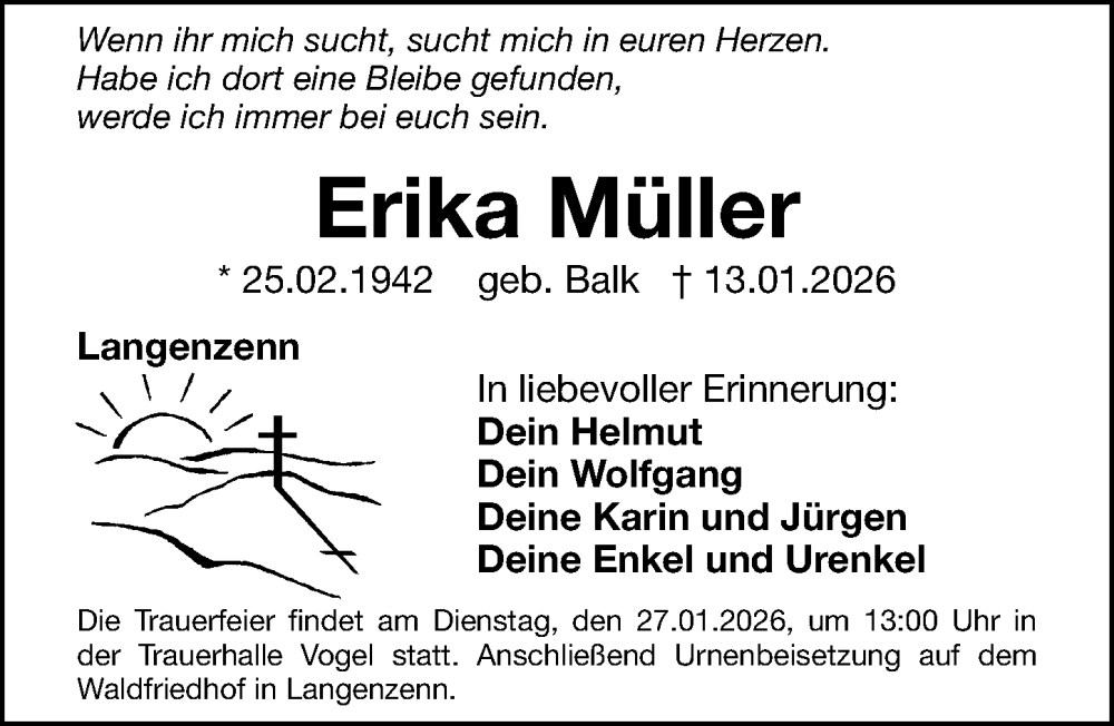  Traueranzeige für Erika Müller vom 24.01.2026 aus Gesamtausgabe Nürnberger Nachrichten/ Nürnberger Ztg.