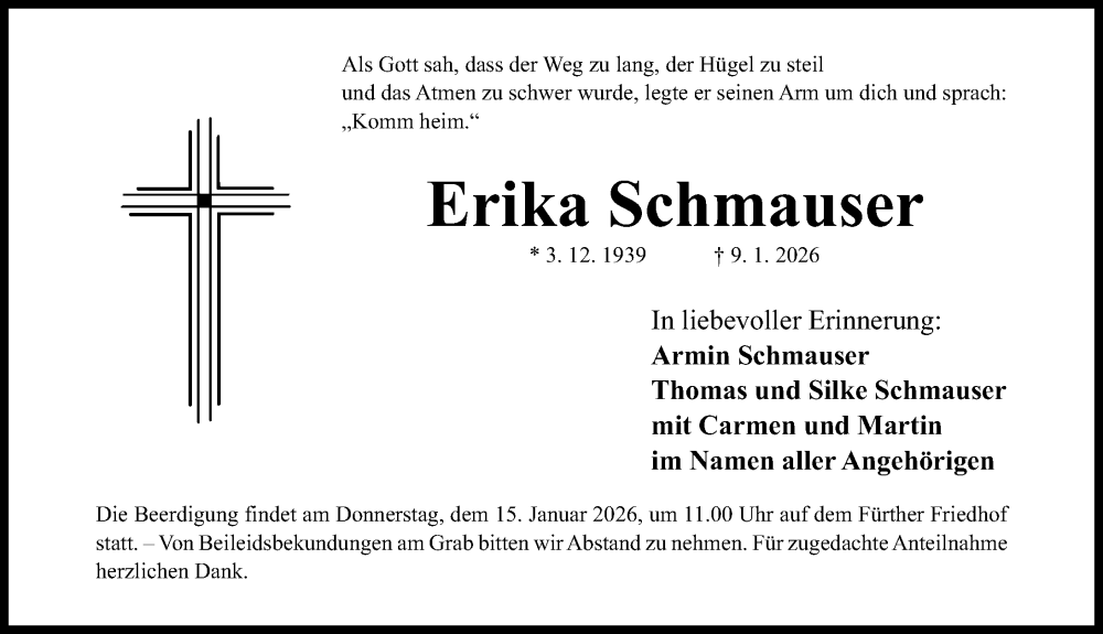  Traueranzeige für Erika Schmauser vom 10.01.2026 aus Fürther Nachrichten Lokal