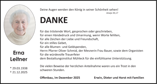 Traueranzeige von Erna Leitner von Roth-Hilpoltsteiner Volkszeitung Lokal