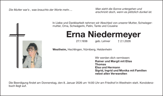 Traueranzeige von Erna Niedermeyer von Altmühl-Bote Lokal