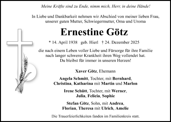 Traueranzeige von Ernestine Götz von Neumarkter Nachrichten Lokal