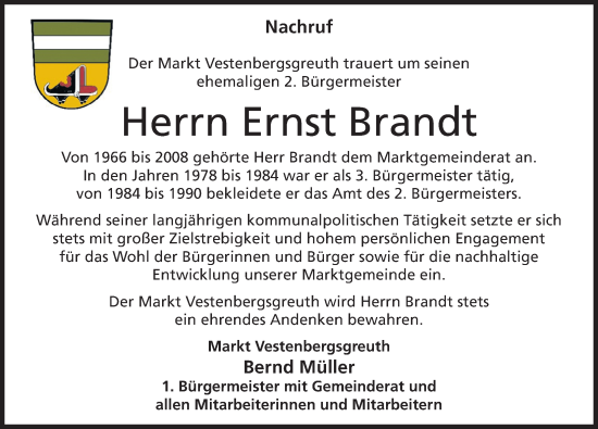 Traueranzeige von Ernst Brandt von Nordbayerische Nachrichten Herzogenaurach Lokal